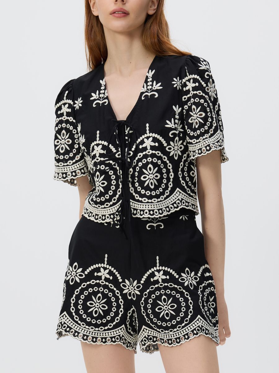 Tied blouse with embroidered pattern - black - RESERVED - 4