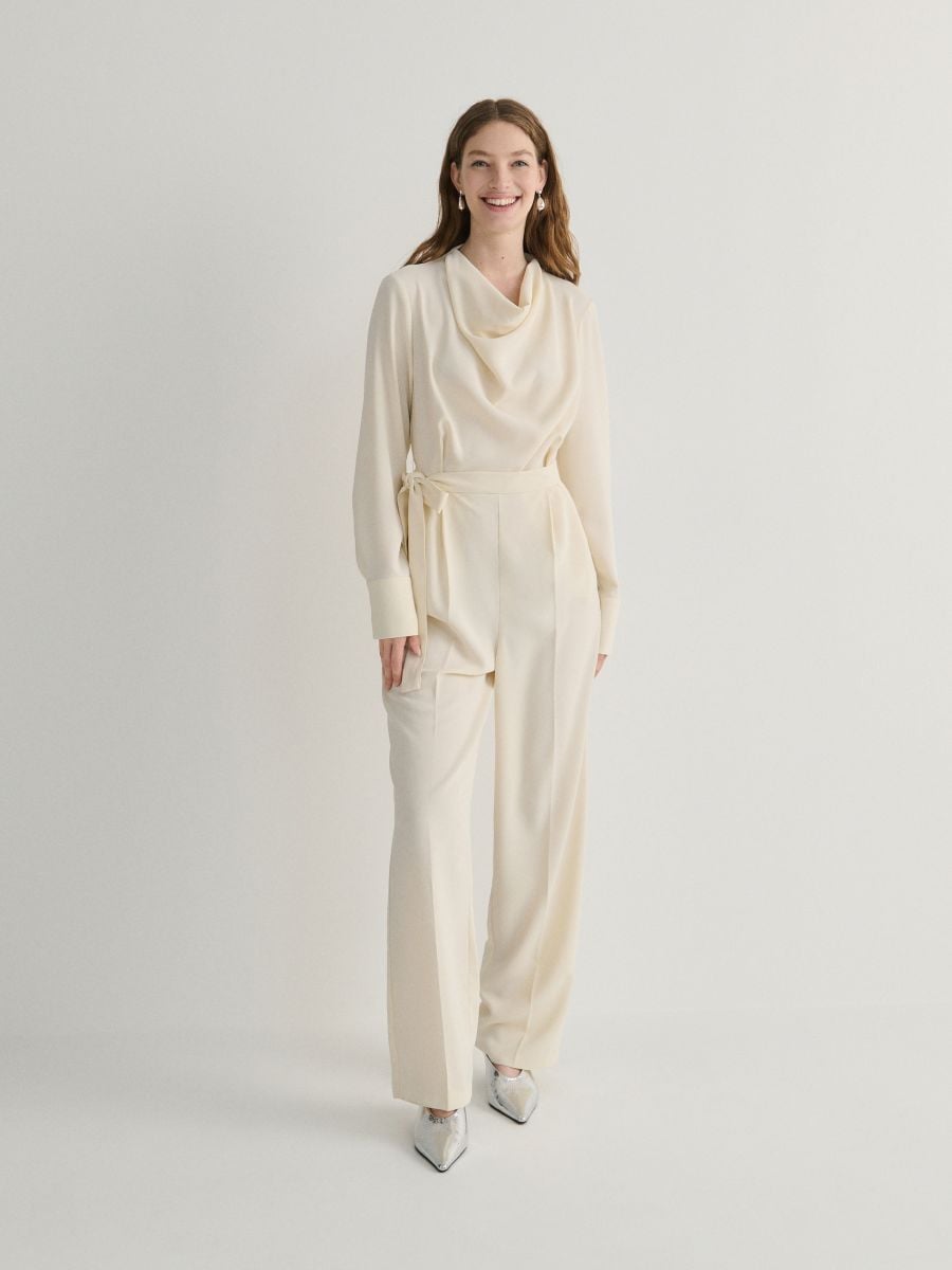 Jumpsuit with drape neck - cream - RESERVED