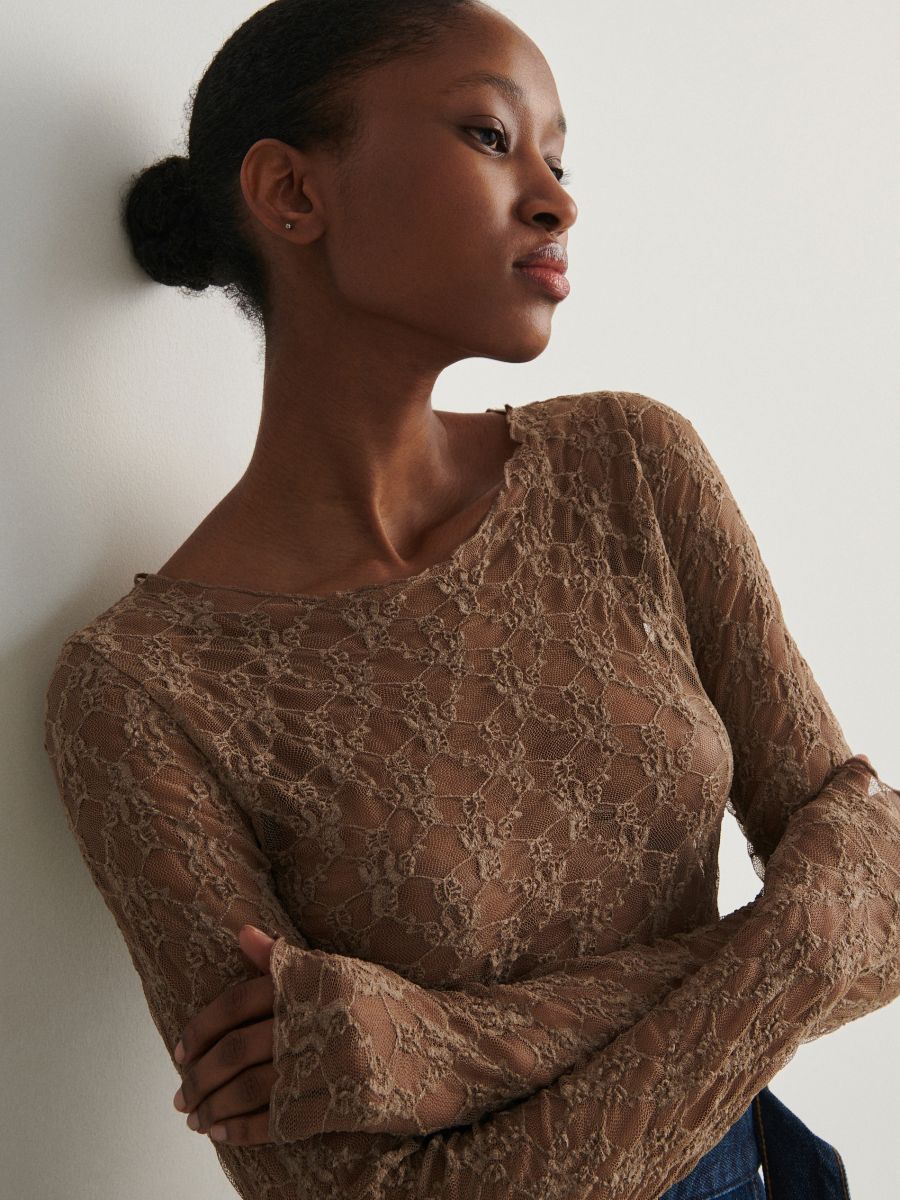Mesh jersey long sleeve top - dusty brown - RESERVED - 2