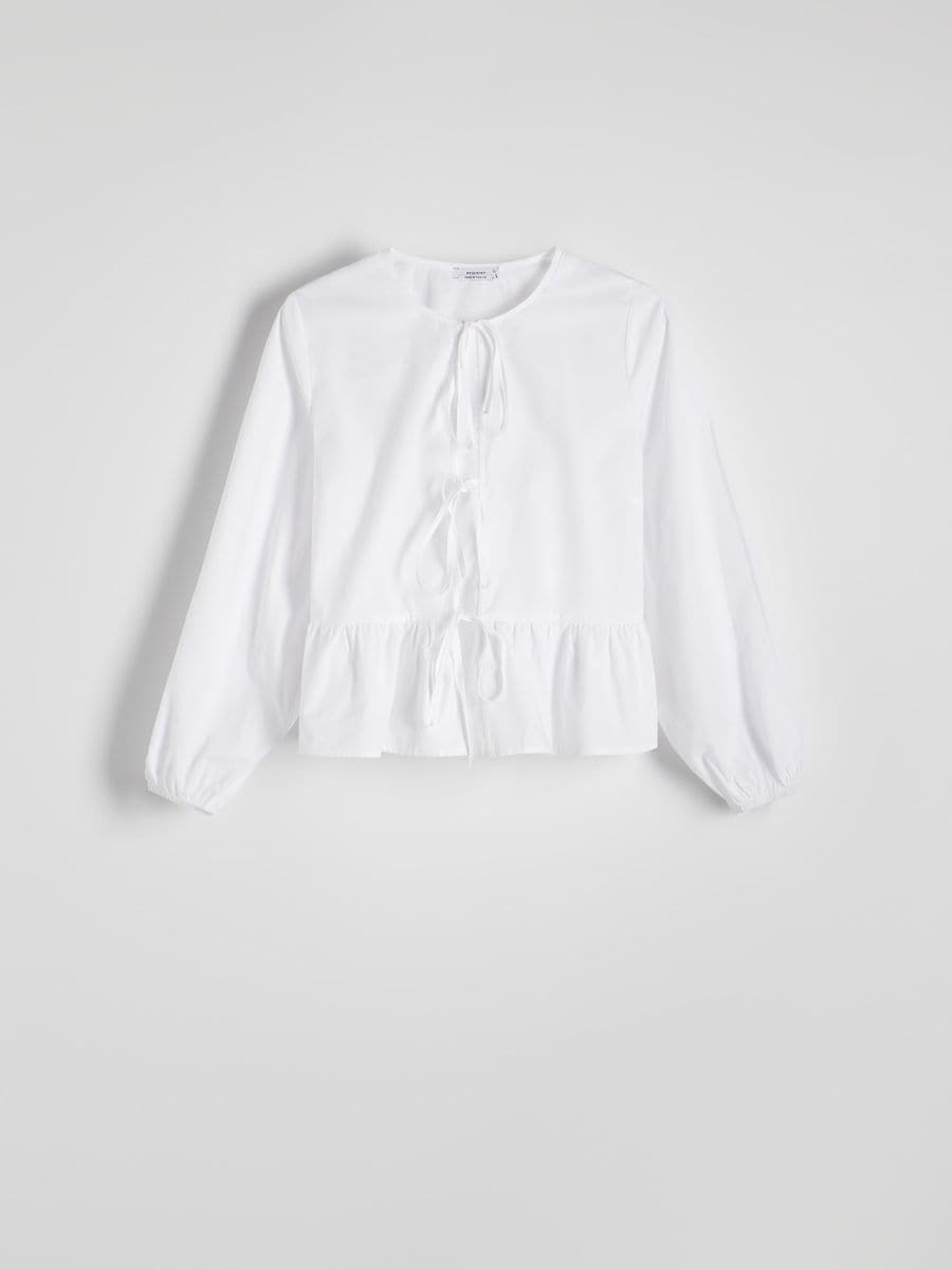 Bomuldsbluse med bindebånd - hvid - RESERVED - 5