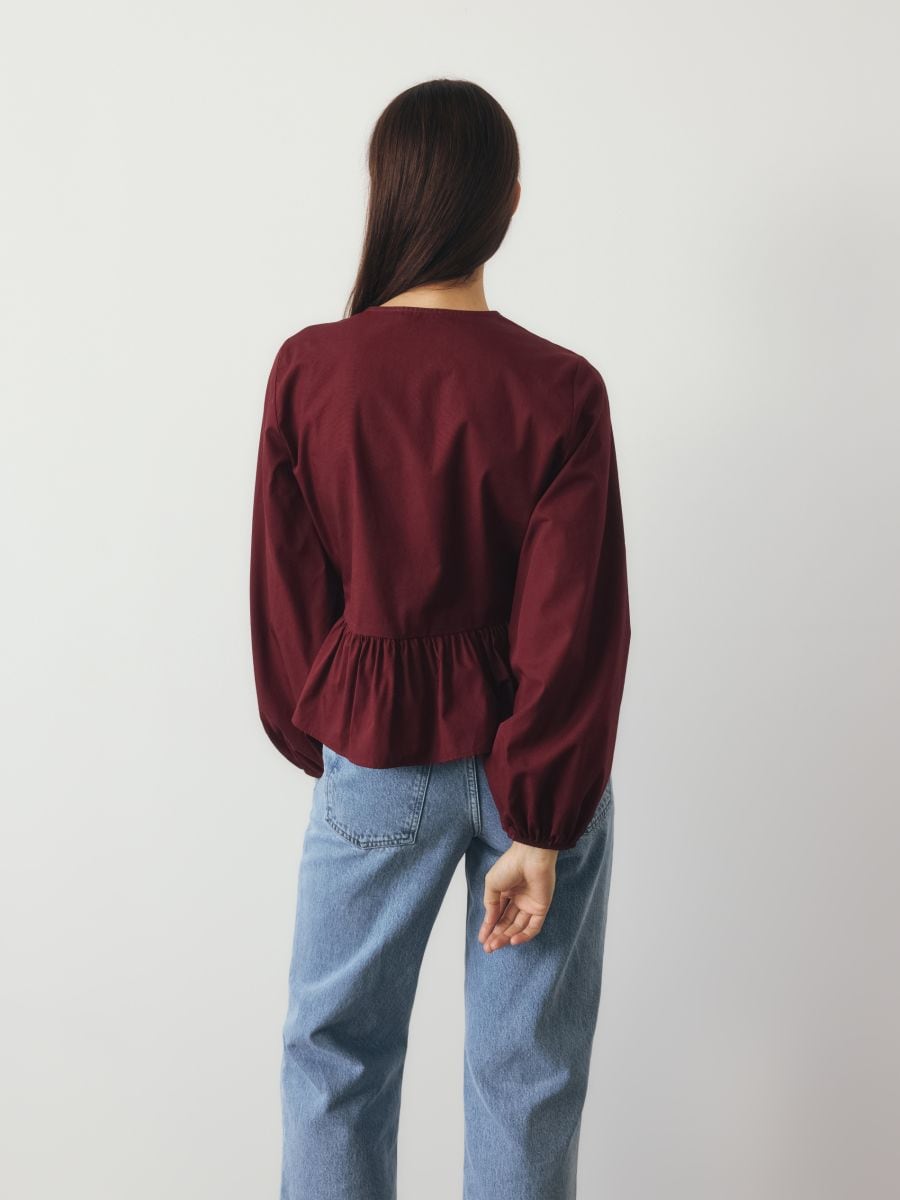 Bomuldsbluse med bindebånd - rødbrun - RESERVED - 7
