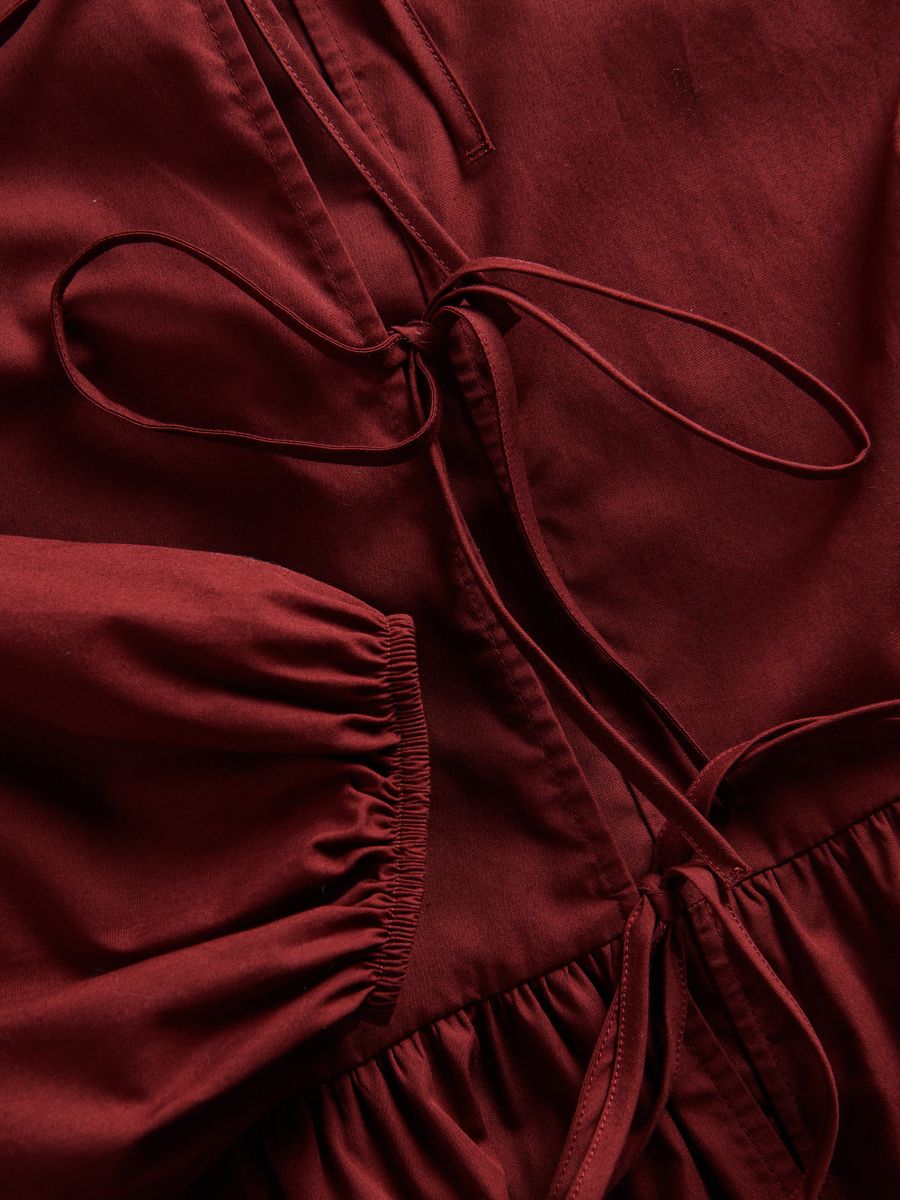 Bomuldsbluse med bindebånd - rødbrun - RESERVED - 6