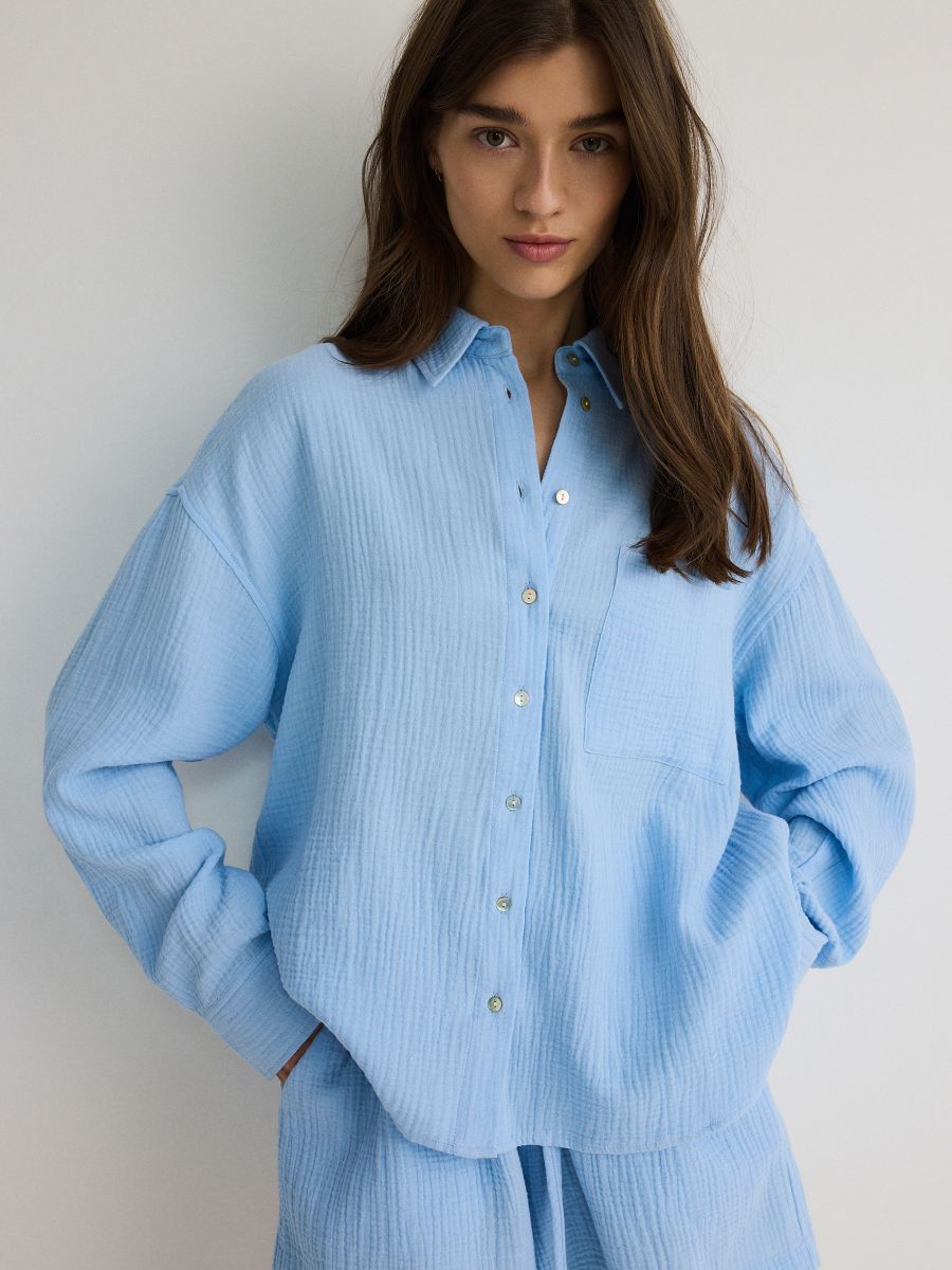 Muslin cotton shirt - light blue - RESERVED
