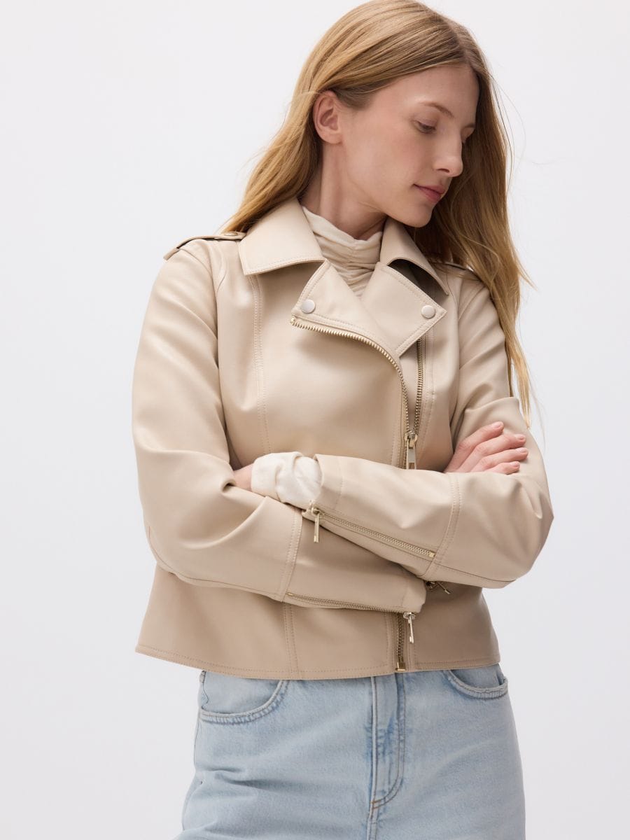 Faux leather biker jacket - cream - RESERVED