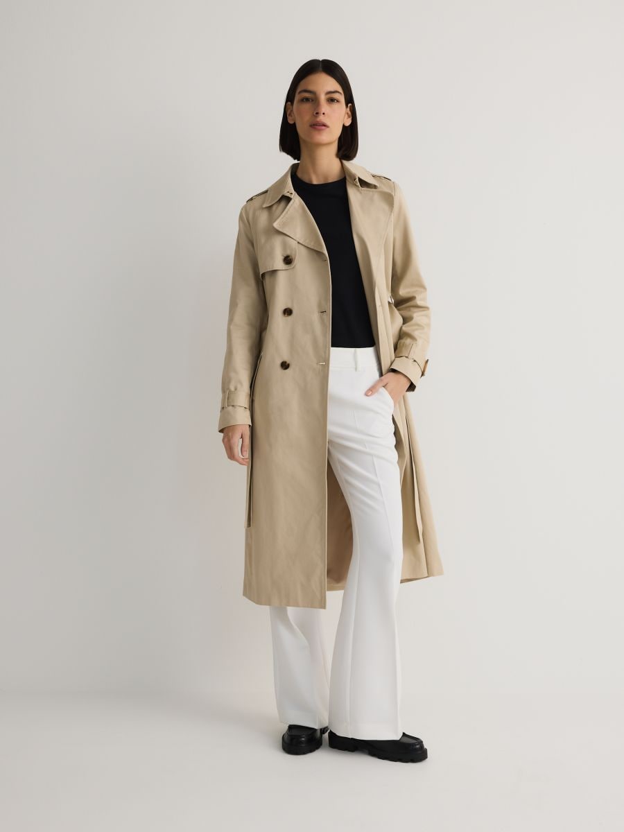 Cotton trench coat with belt - beige - RESERVED