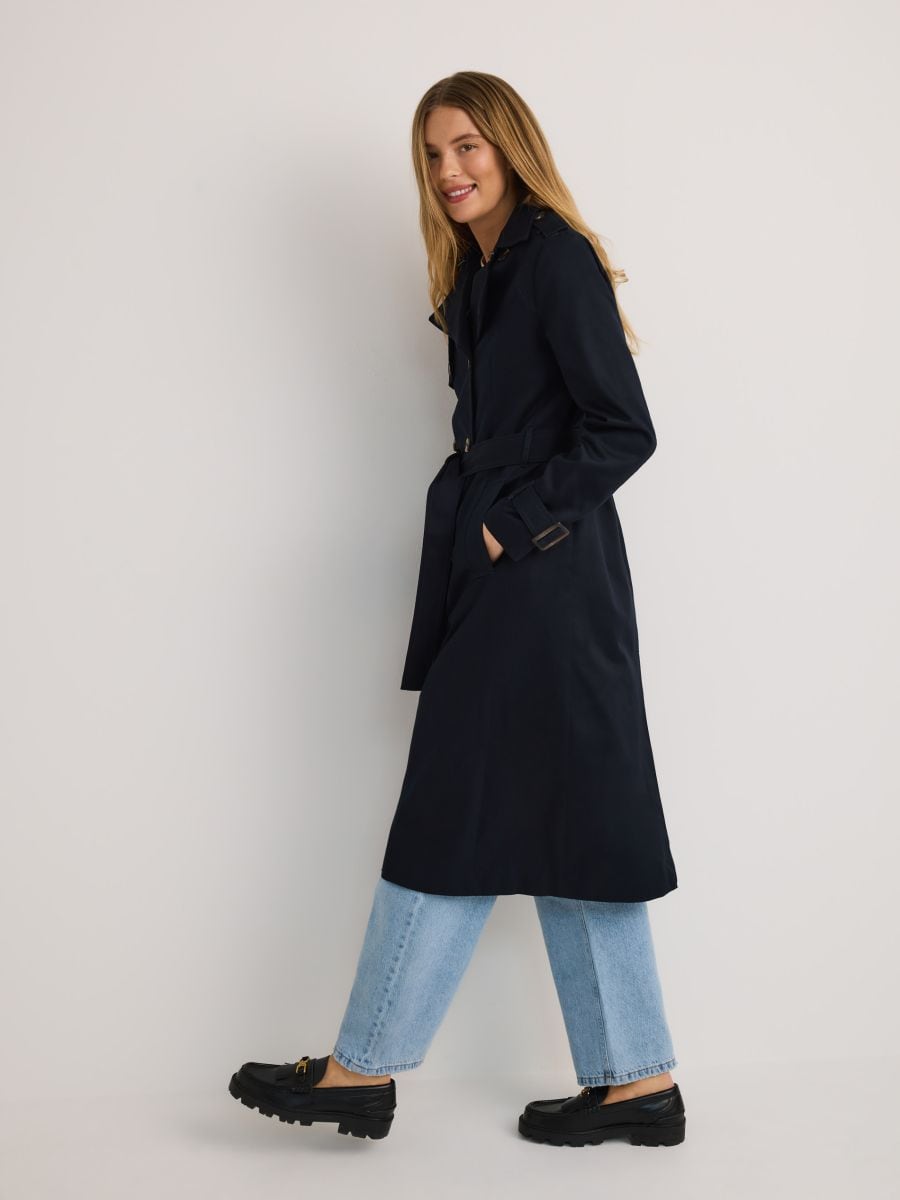 Cotton trench coat with belt - navy - RESERVED