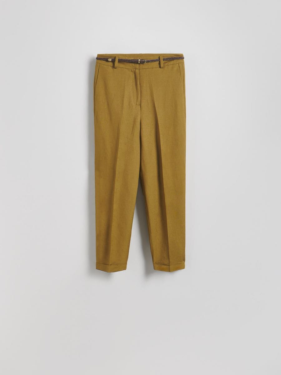 Pantalone na crtu od mešavine lana - svetlo maslinasta - RESERVED