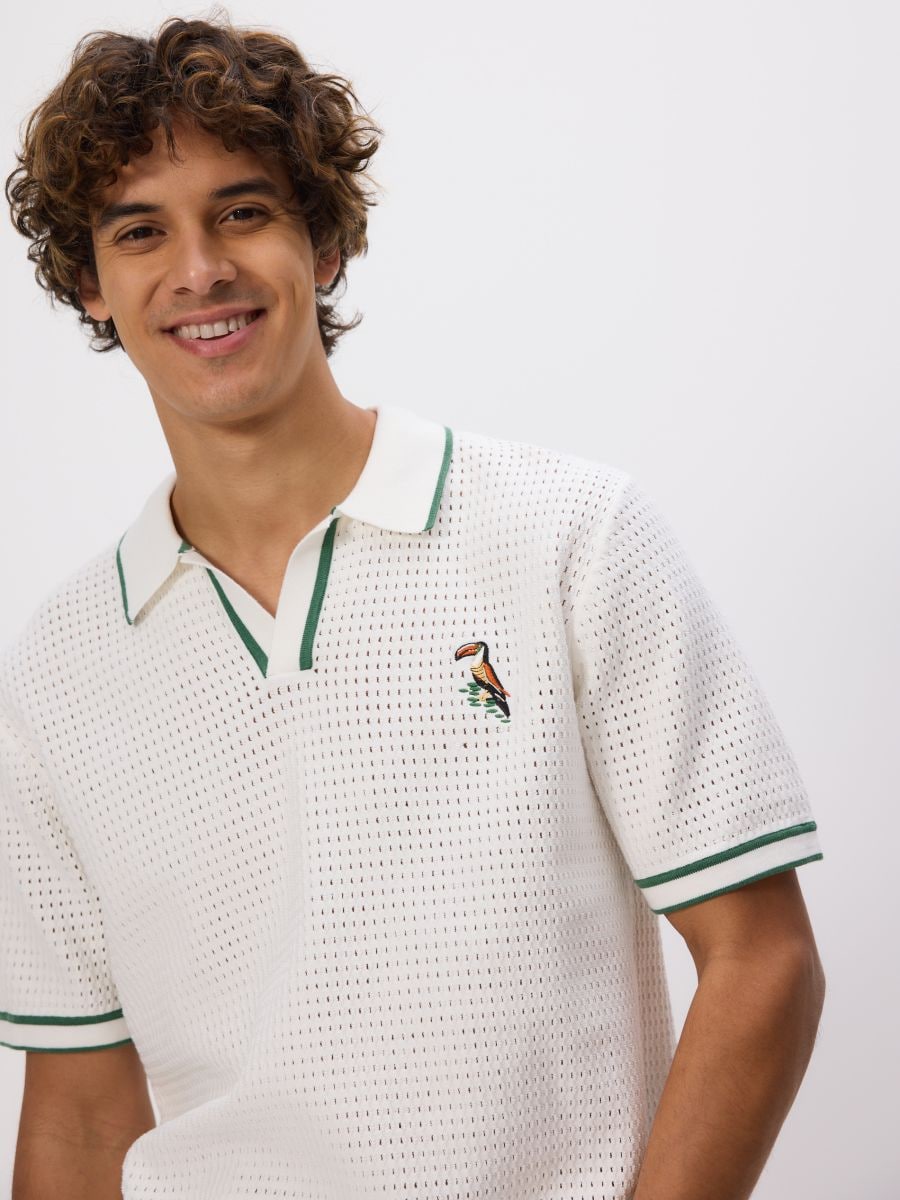 Ażurowy sweter polo - złamana biel - RESERVED