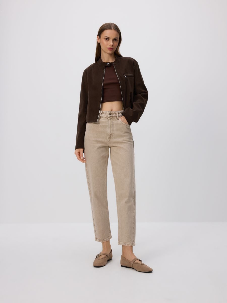 Faux suede cropped jacket - dark brown - RESERVED