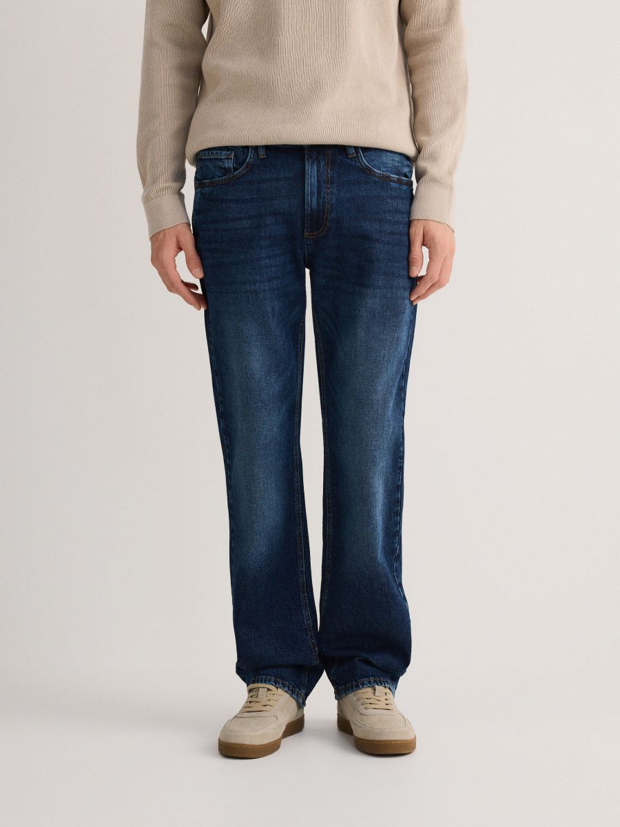 Straight jeans with wash effect - navy - RESERVED