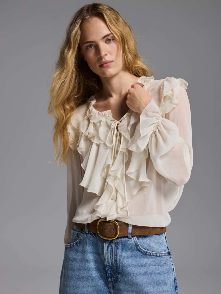 Shirt with stunning ruffles - cream - RESERVED