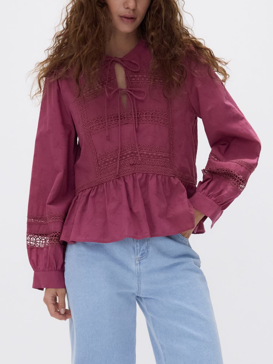Cotton blouse with decorative embroidery - mauve - RESERVED - 2