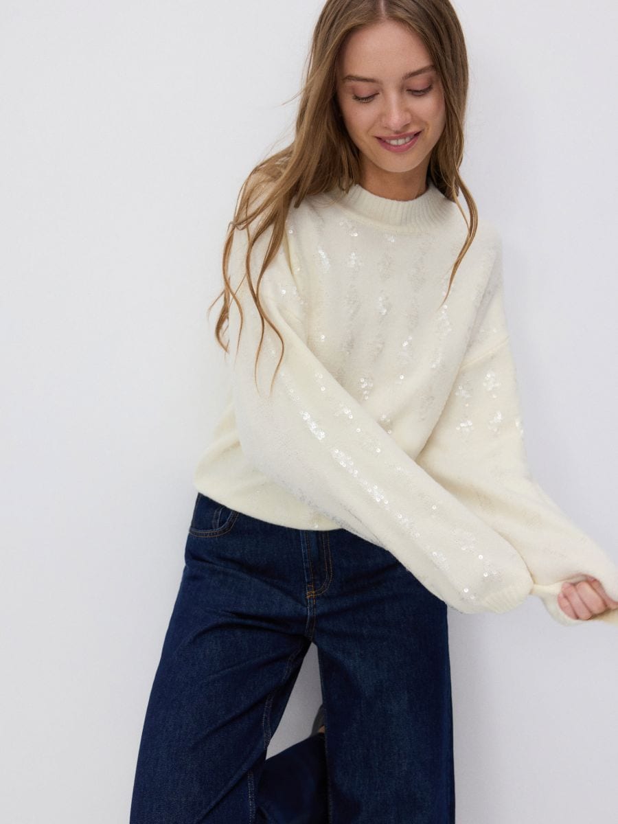 Sweater with sequins - nude - RESERVED