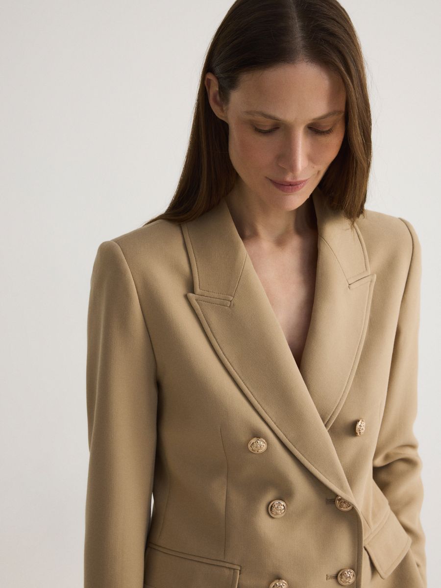 Double-breasted blazer with viscose blend - beige - RESERVED - 2