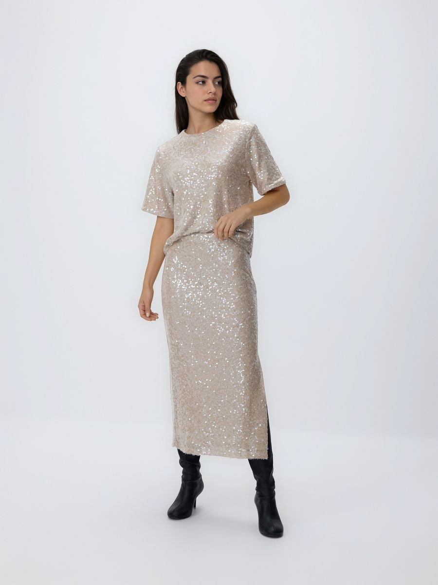 Cekinowa spódnica midi - kremowy - RESERVED