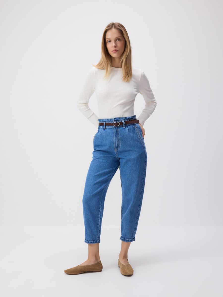 LADIES` JEANS TROUSERS & BELT - ΜΠΛΕ - RESERVED