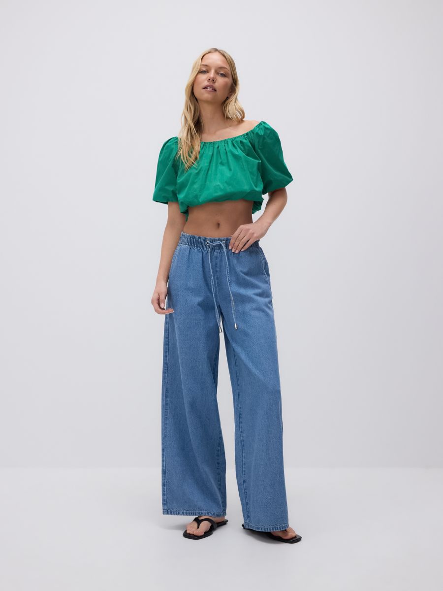 Jeansy wide leg ze sznurkiem - niebieski - RESERVED