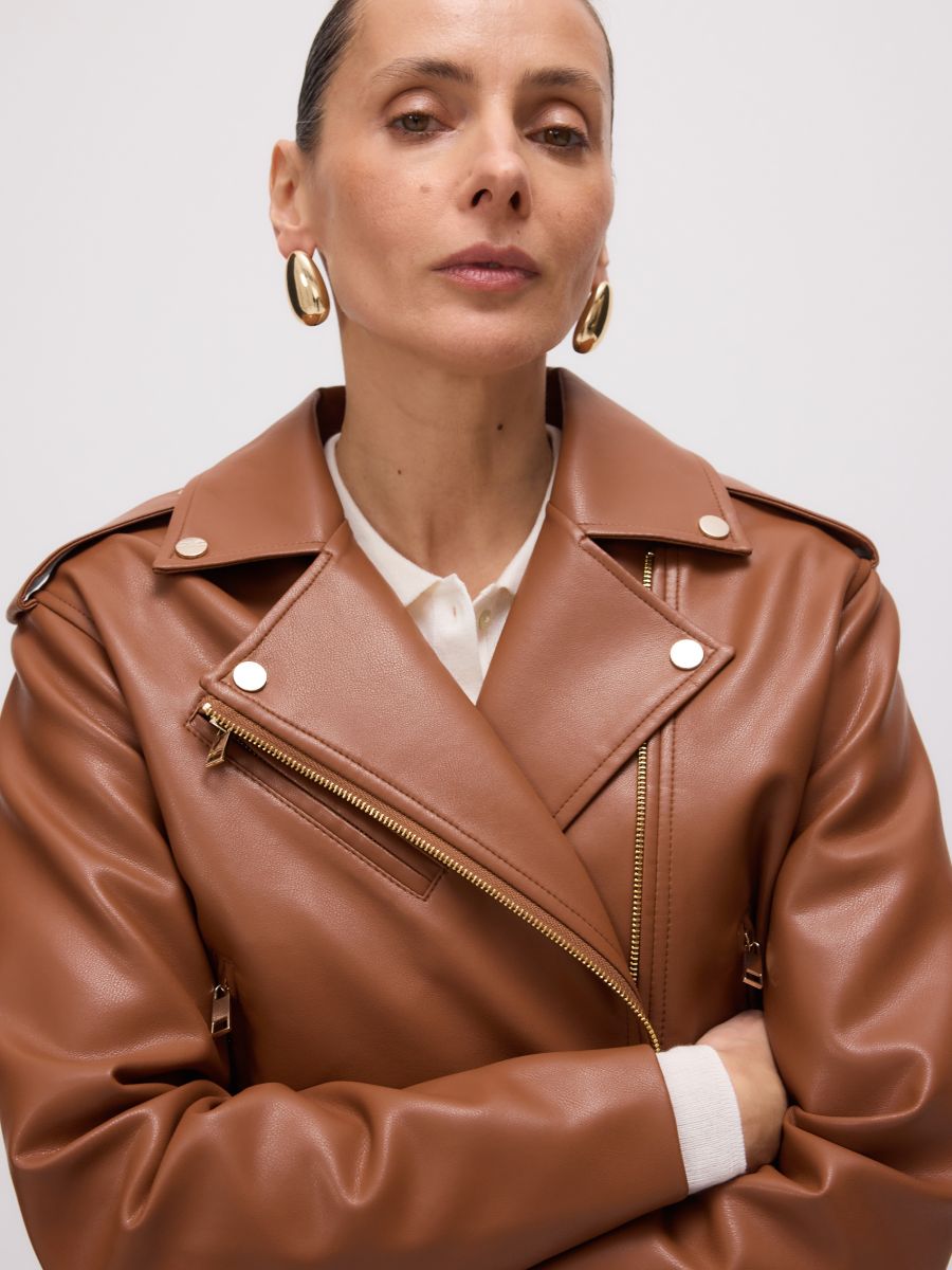 Oversized faux leather biker jacket - golden brown - RESERVED - 3