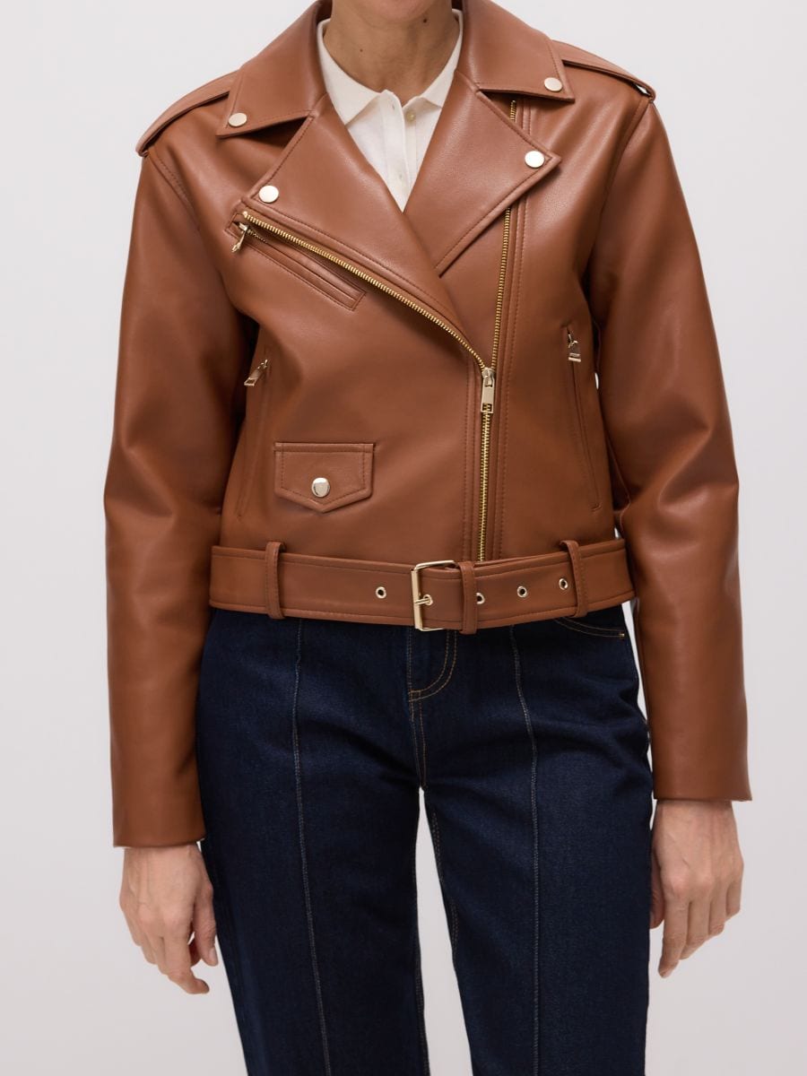 Oversized faux leather biker jacket - golden brown - RESERVED - 4