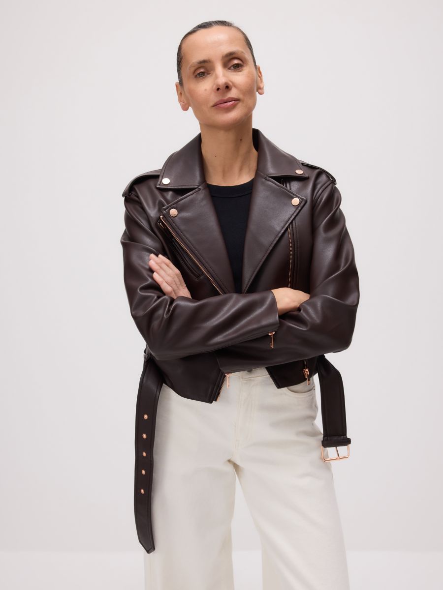 Oversized faux leather biker jacket - dark brown - RESERVED - 5
