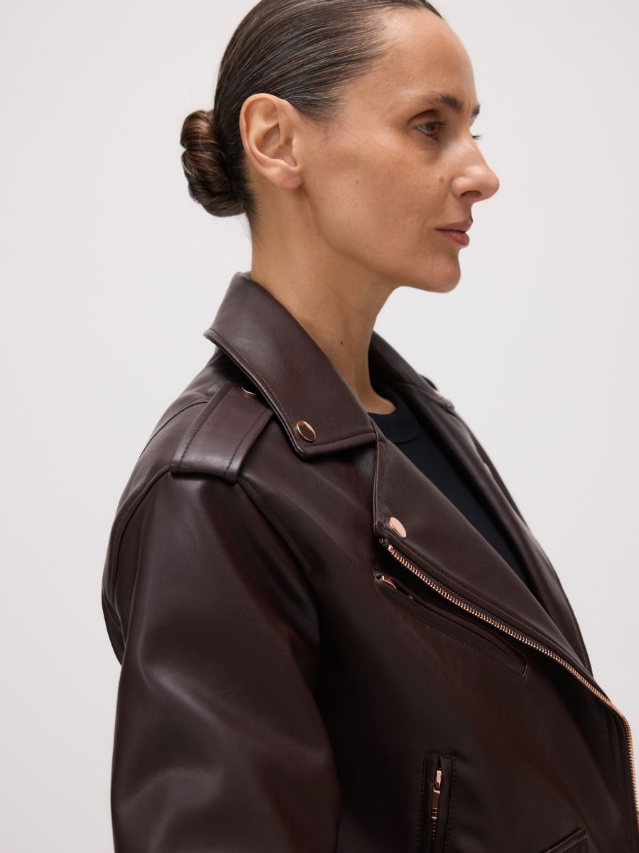 Oversized faux leather biker jacket - dark brown - RESERVED - 6
