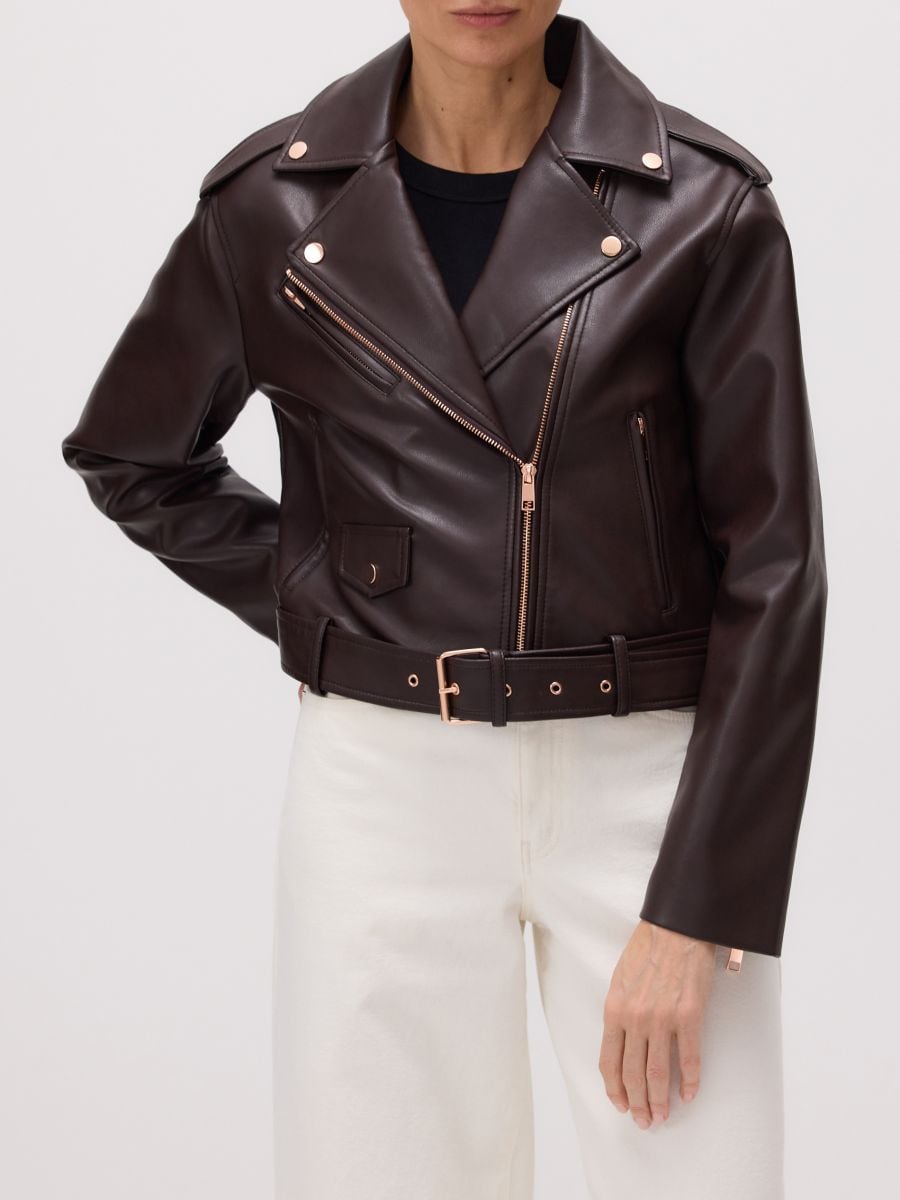 Oversized faux leather biker jacket - dark brown - RESERVED - 7