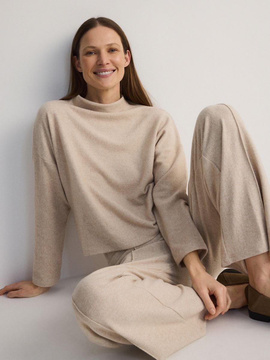 Wide-leg trousers with stitching - beige - RESERVED - 3