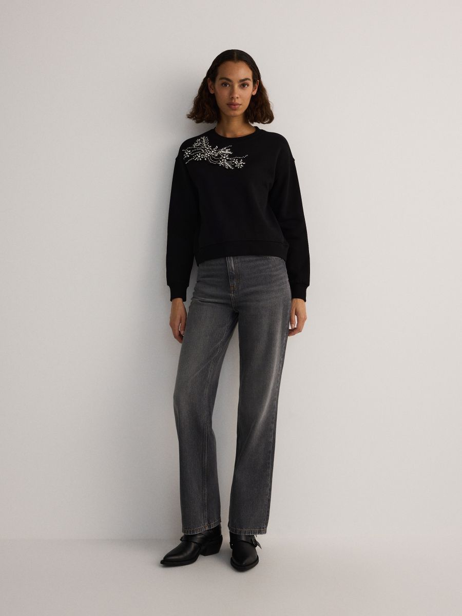 Sweatshirt i bomull med applikation - SVART - RESERVED