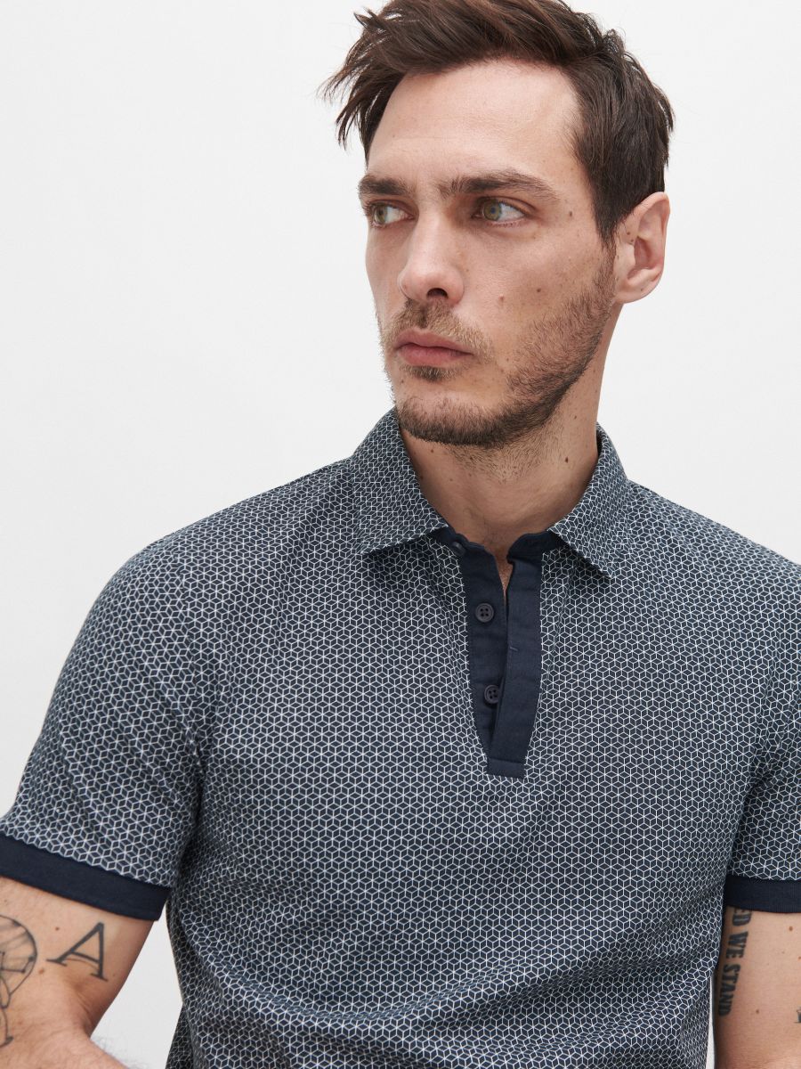 Regular fit polo majica s mikroprintom - mornarsko - RESERVED - 4