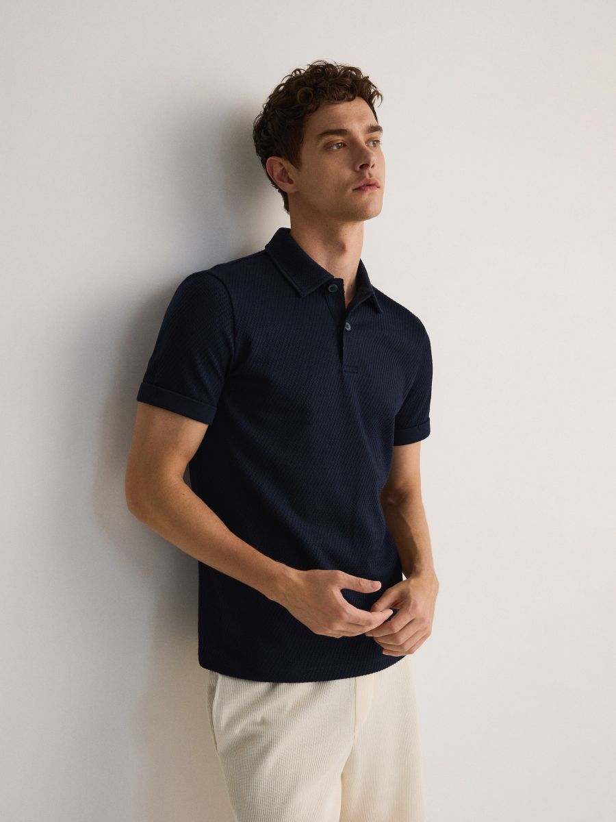 Regular fit poloshirt van structuurstof - marineblauw - RESERVED - 3