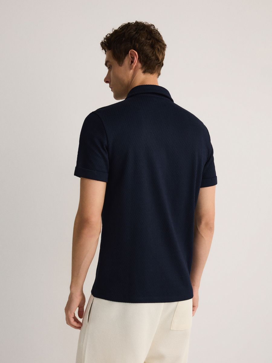 Regular fit poloshirt van structuurstof - marineblauw - RESERVED - 4