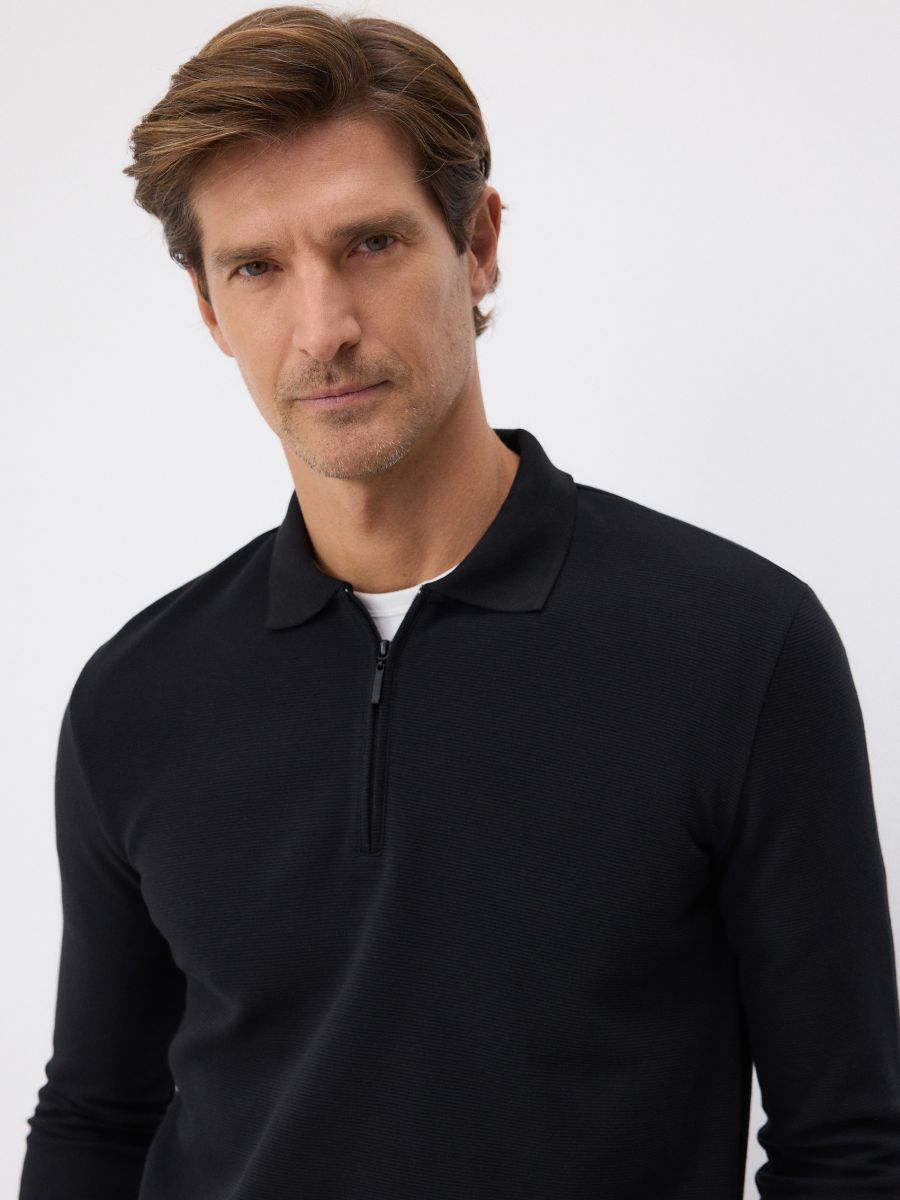 Regular fit long sleeve polo shirt - black - RESERVED