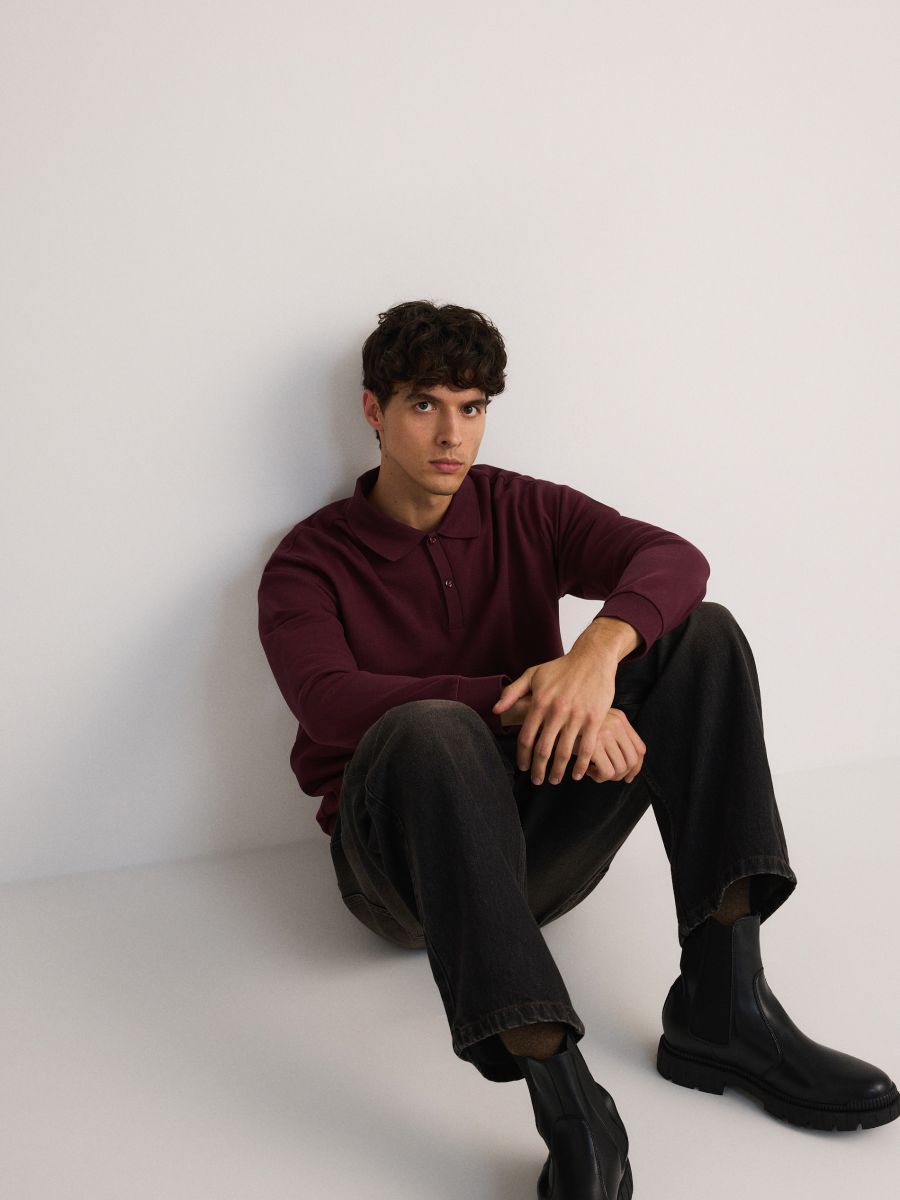 Comfort fit long sleeve polo top - maroon - RESERVED