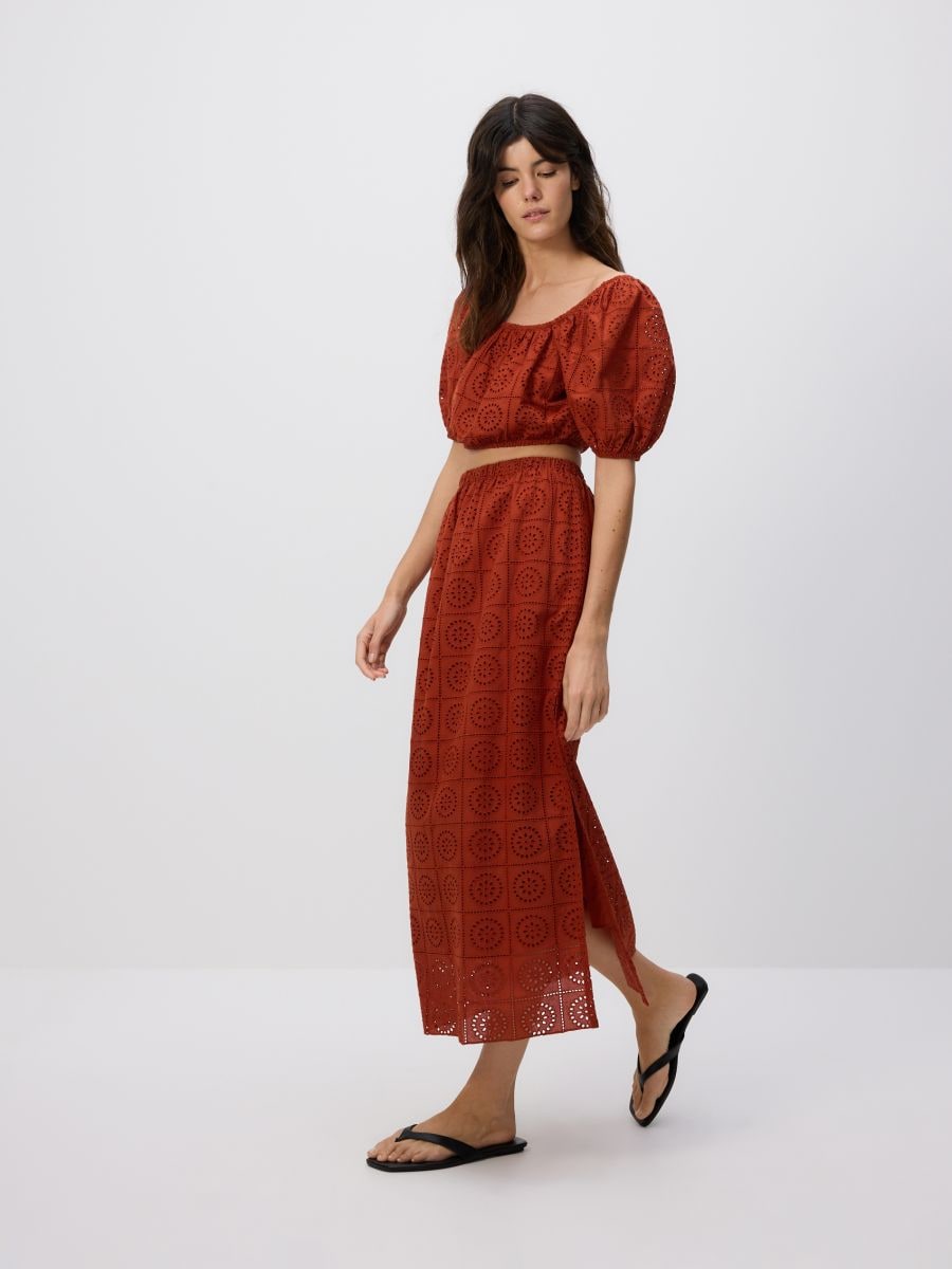 Eyelet skirt with slits - spicy red - RESERVED - 3