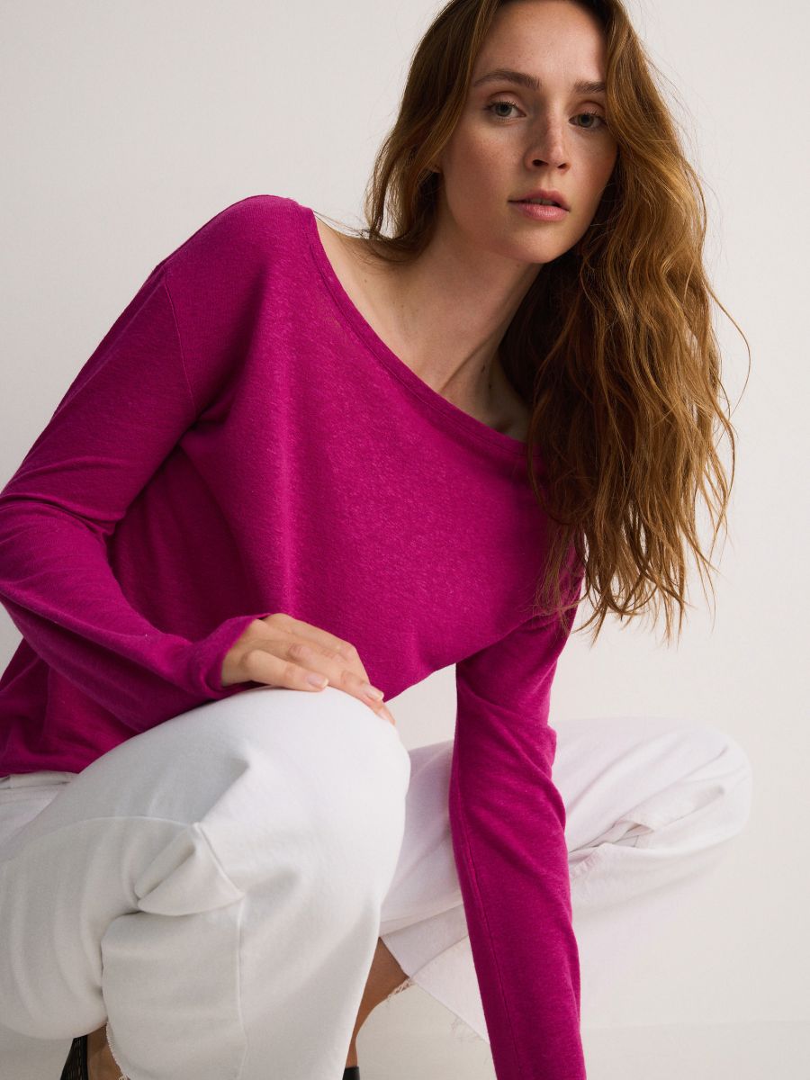 Dzianinowy longsleeve z dodatkiem lnu Kolor fuksja