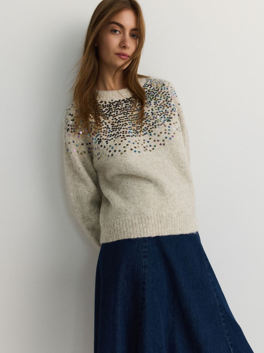 Sweater with sequins - nude - RESERVED