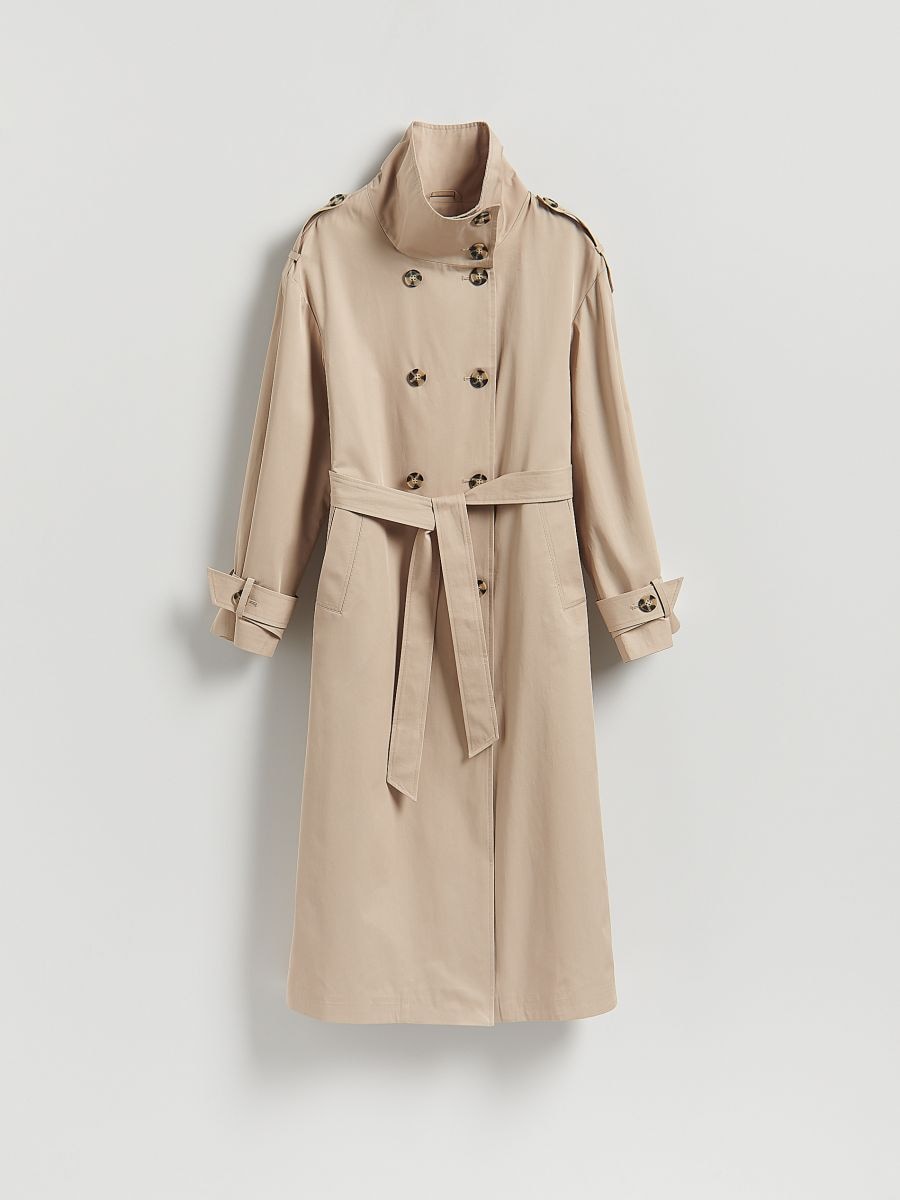 Double-breasted trench coat with belt - beige - RESERVED