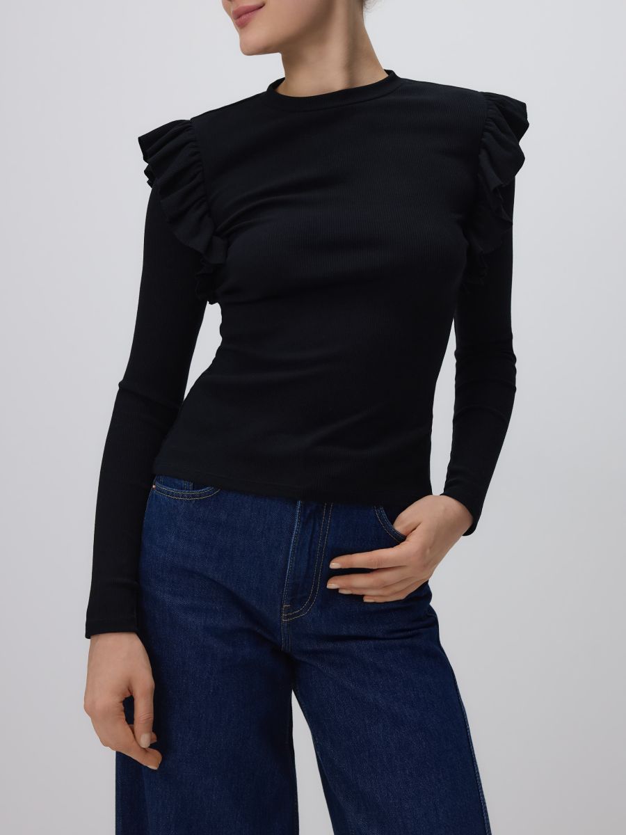 Dzianinowy longsleeve z falbanami - czarny - RESERVED