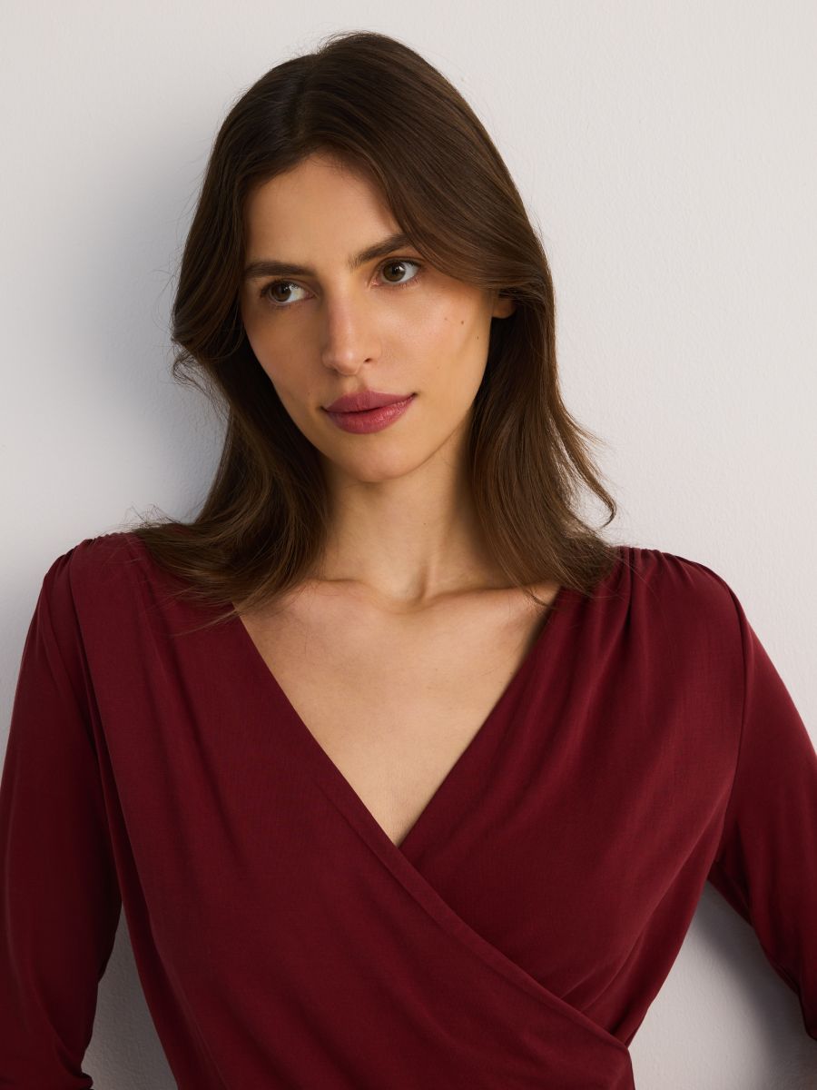 Blouse with fold-over front - maroon - RESERVED - 3
