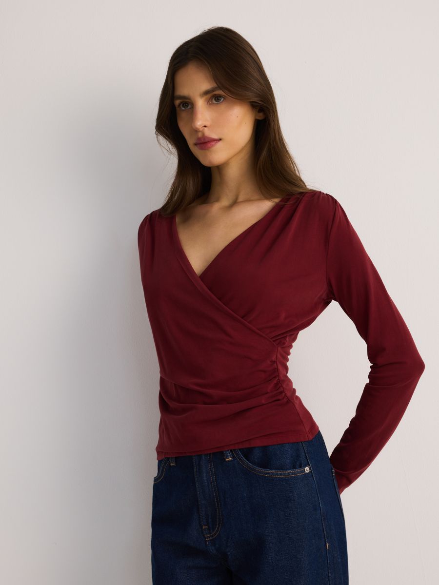 Blouse with fold-over front - maroon - RESERVED - 4