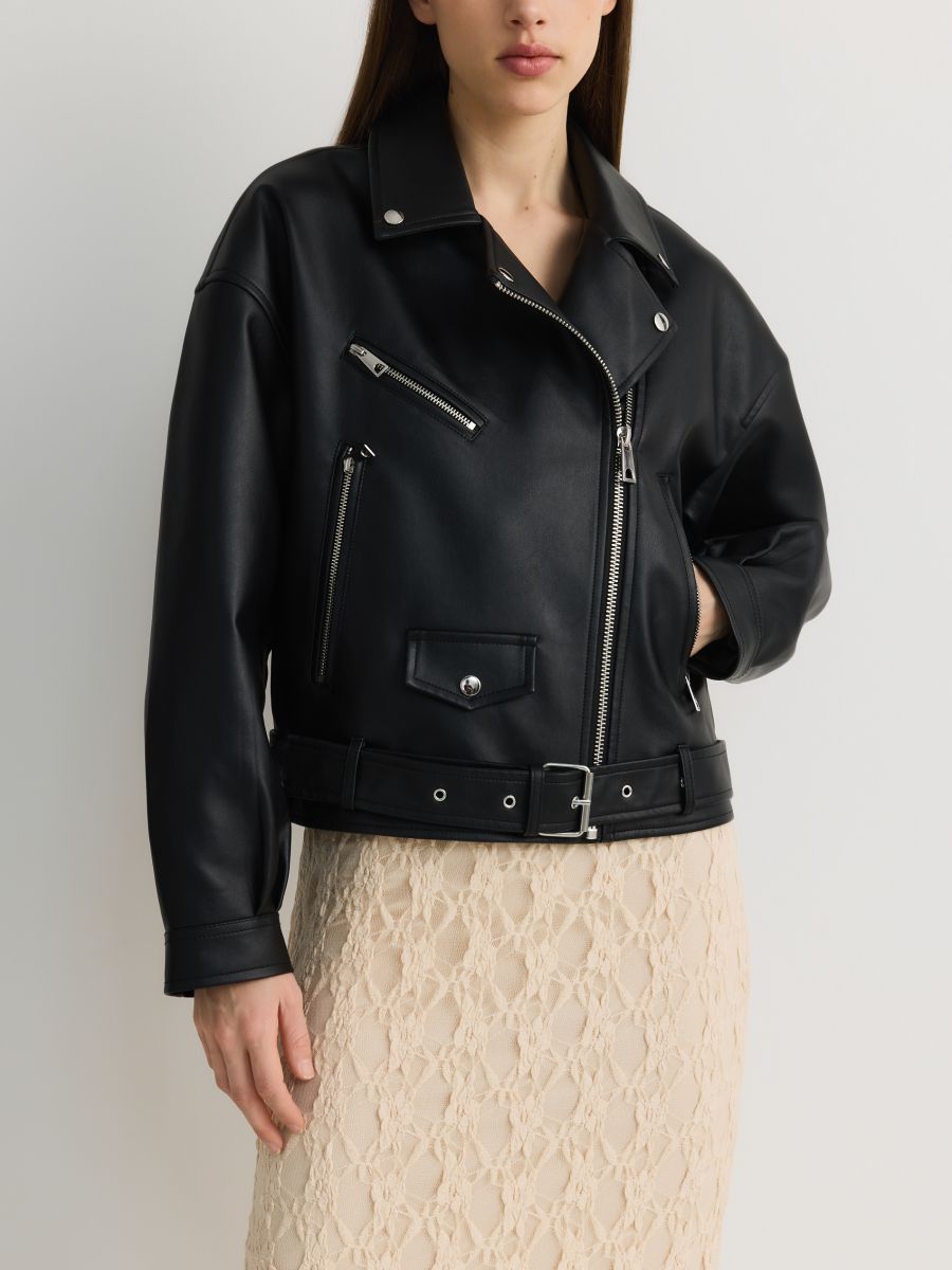 Biker jacket with belt - black - RESERVED - 4
