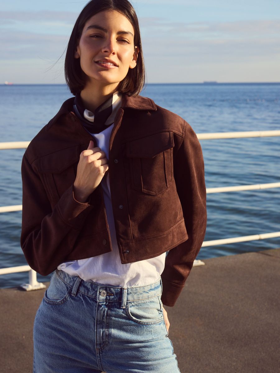 Cropped jacket with collar - dusty brown - RESERVED - 9