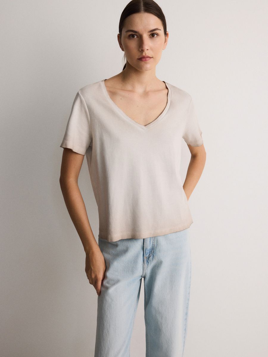 Cotton T-shirt - beige - RESERVED