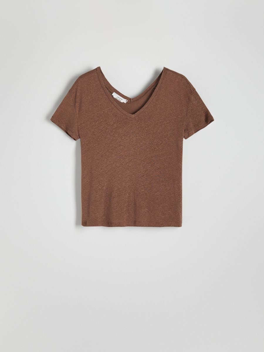 T- shirt z lnem i wiskozą - brązowy - RESERVED