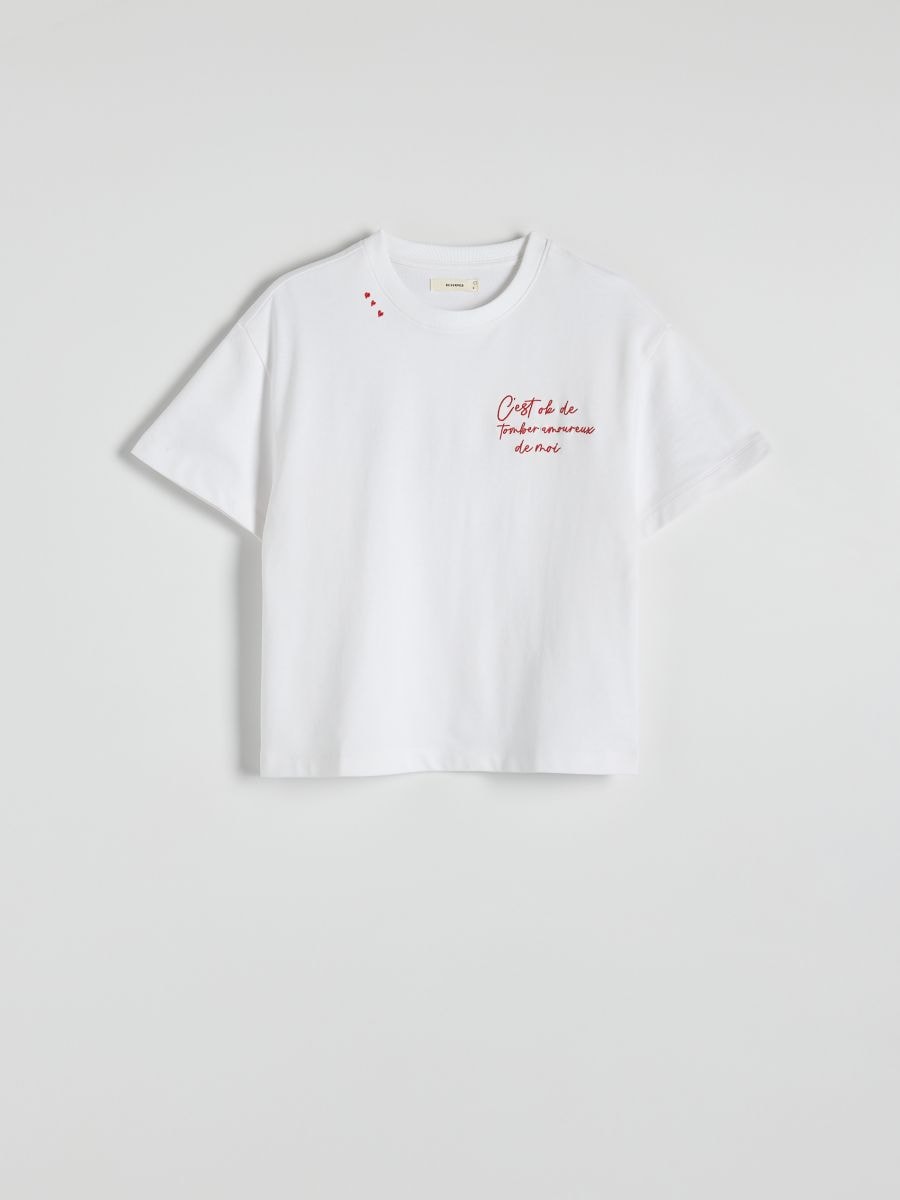 T-shirt with embroidered slogan - cream - RESERVED - 4
