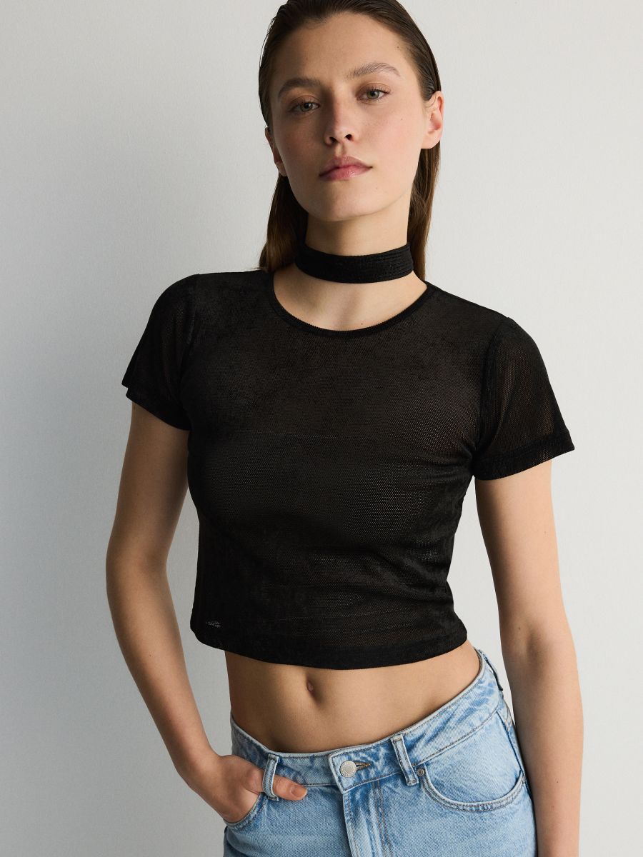 Mesh top with scarf - black - RESERVED - 2