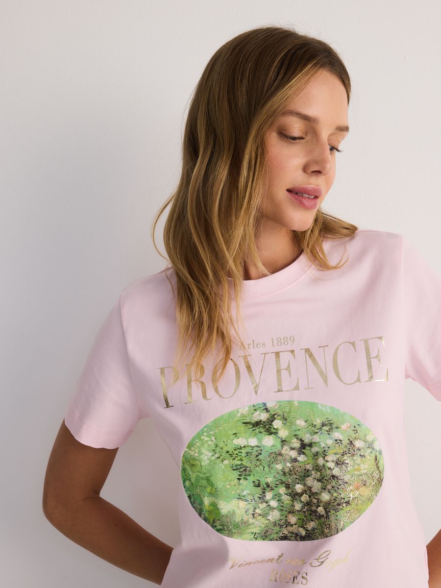 Baumwoll-T-Shirt mit Print - pastellrosa - RESERVED