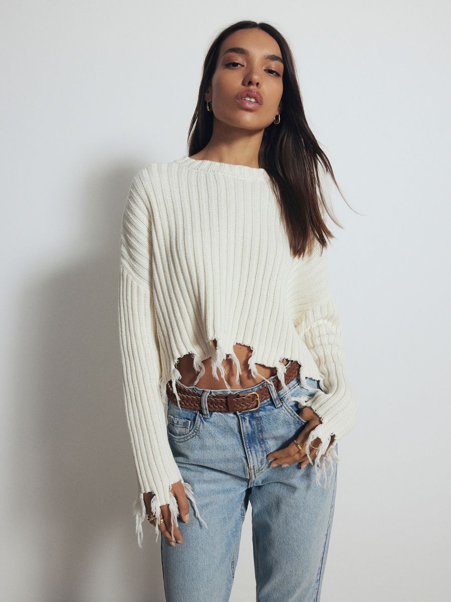 Sweater with frayed edges - nude - RESERVED - 3