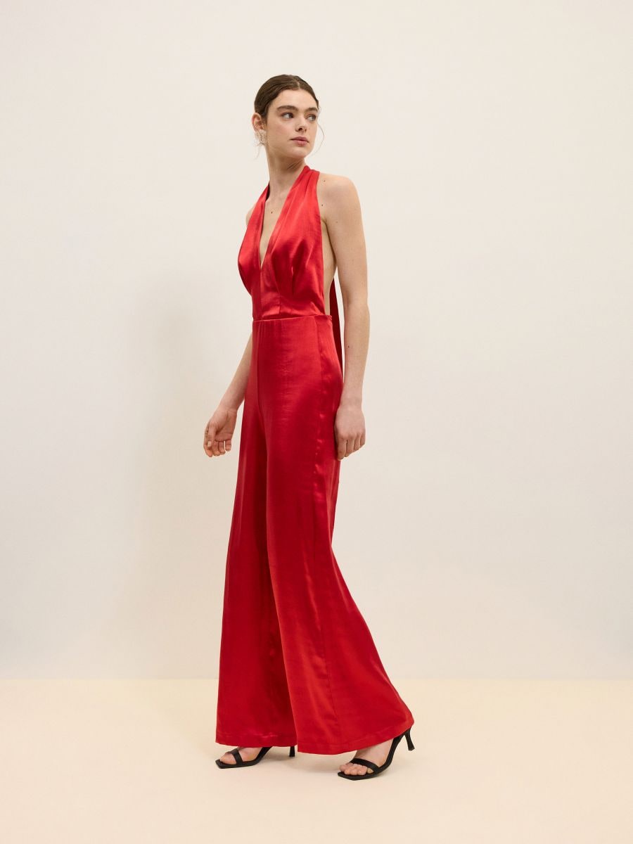 Tuta intera in satin con scollatura americana - rosso - RESERVED - 5