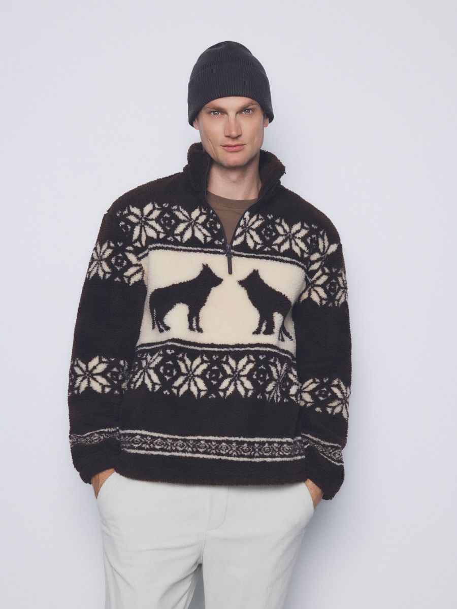 Gornji dio trenirke od flisa s uspravnim ovratnikom - smeđi - RESERVED